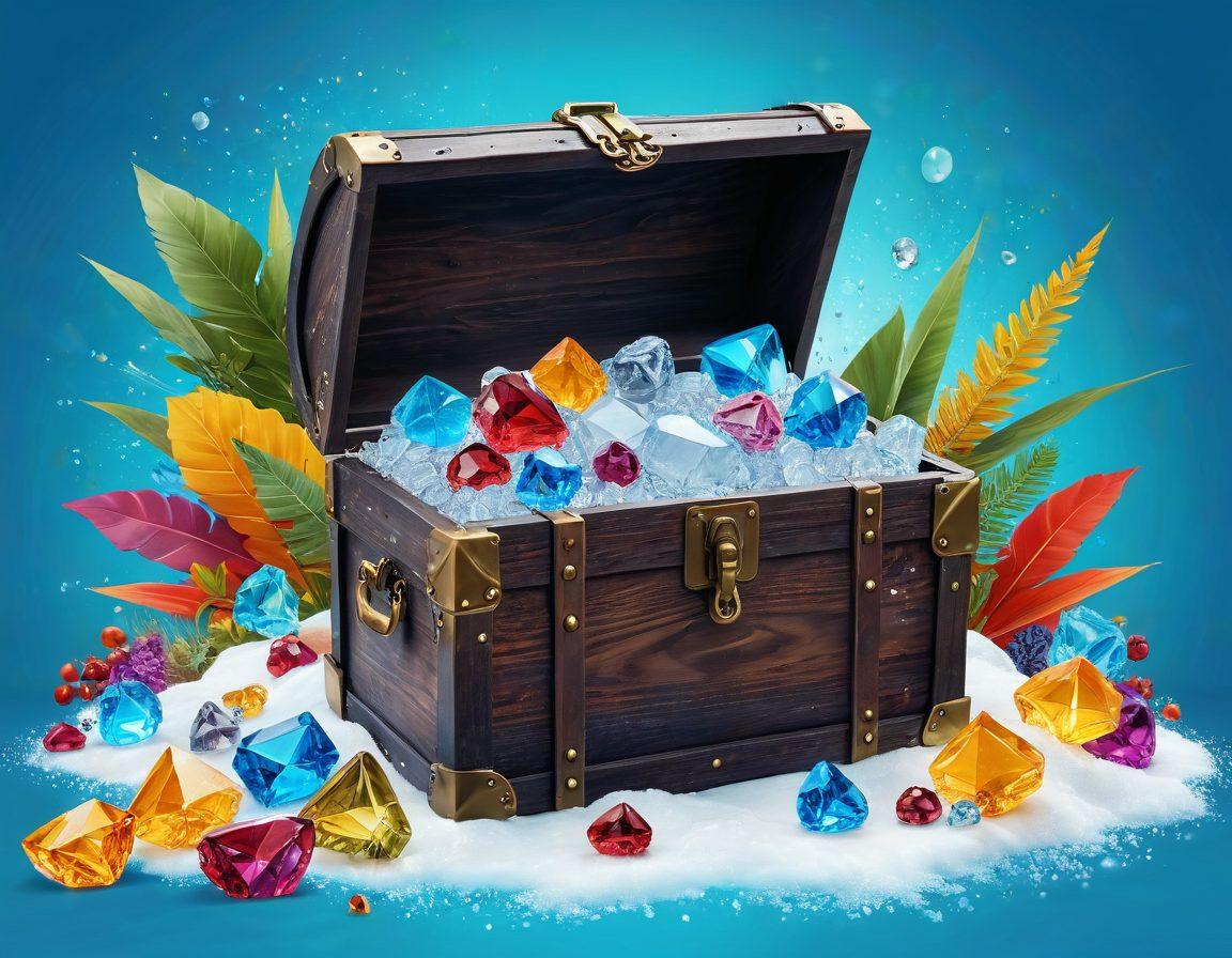A vibrant digital collage showcasing a diverse range of frozen video thumbnails and articles on various lifestyle topics, including fitness, cooking, travel, and wellness. The background should feature a treasure chest overflowing with sparkling gems symbolizing knowledge and inspiration. Include figures of enthusiastic individuals interacting with the content, conveying excitement and discovery. Bright, inviting colors should pop against a cool, icy blue backdrop, creating a sense of freshness and adventure. vector art. vibrant colors. 3D.