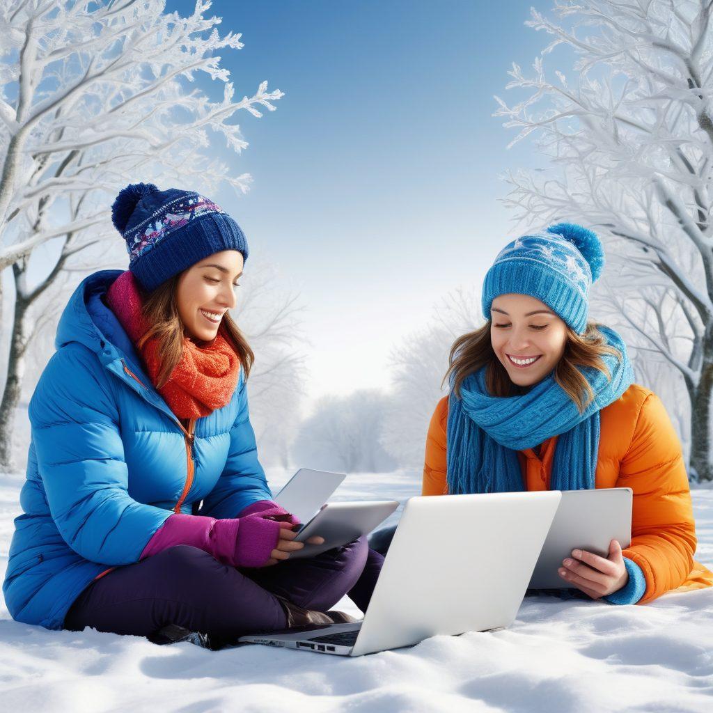 A vibrant winter landscape showcasing a digital revolution with ice-themed elements, like blogging icons made of ice, snowflakes sparkling with data bits, and a diverse group of people enthusiastically sharing content on laptops. The scene is filled with cool blues and whites, symbolizing the freezing temperatures and a cozy atmosphere. super-realistic. vibrant colors. white background.