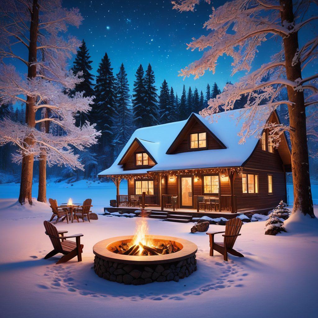 A serene winter landscape featuring a cozy cabin adorned with twinkling fairy lights, surrounded by snowy trees and a frozen lake. In the foreground, a diverse group of friends gathered around a fire pit, enjoying warm drinks while watching a large screen displaying various tube media content. The atmosphere is inviting and fun, with playful snowflakes falling around. super-realistic. vibrant colors. cozy ambiance.